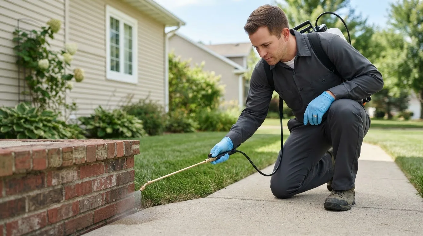 Pest control technician treating a home near West Enfield, ME