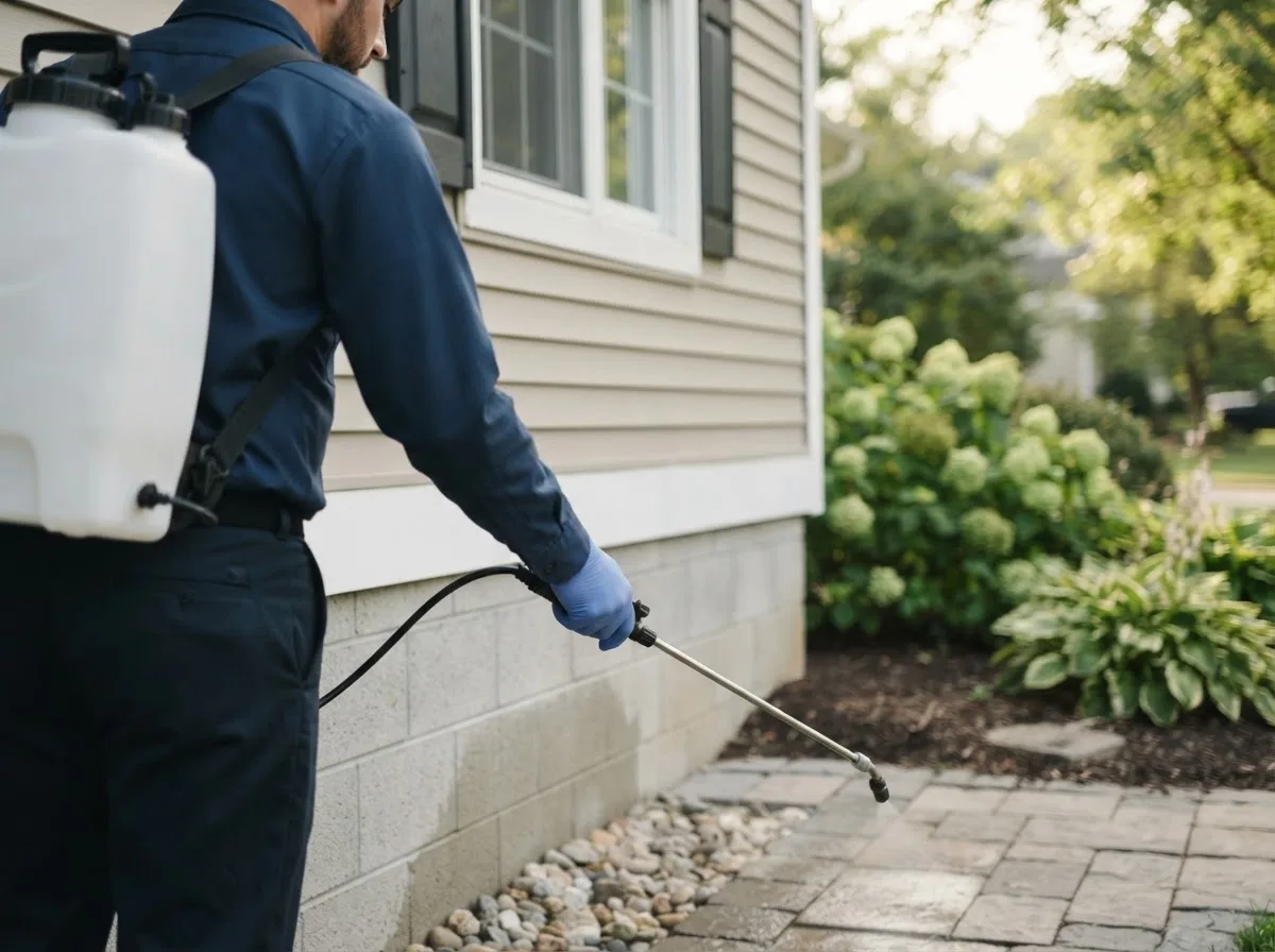 Pest control technician inspecting a home in West Enfield, ME